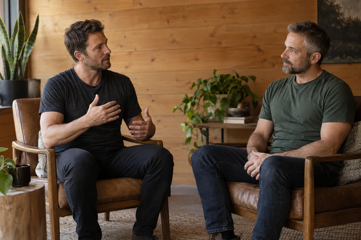 Illustrative male practitioner and male client discussing bodywork in a seated consultation