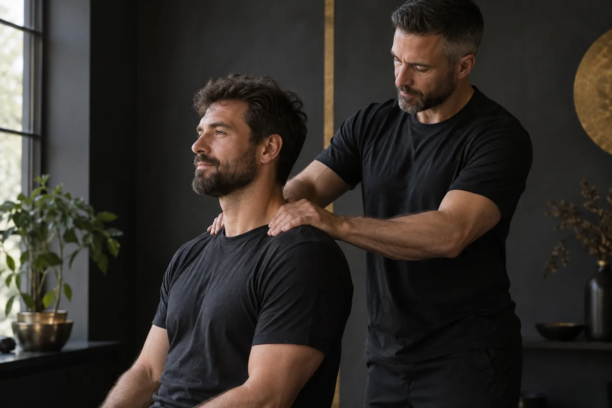 Illustrative male therapist massaging a seated, clothed male client’s shoulders